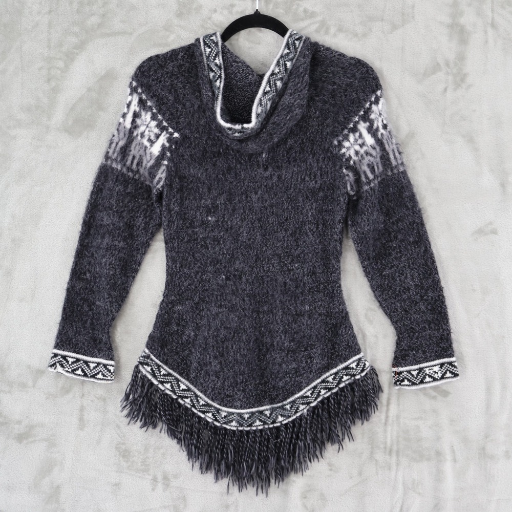 Alpaca Snowflake Hooded Sweater Womens XS Charcoal Gray Fringe Hem Apres Ski - Picture 6 of 16